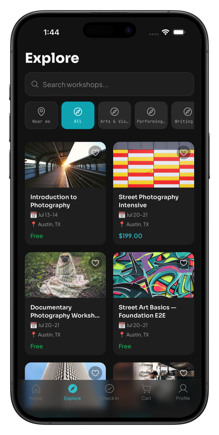 Explore feed — discover workshops