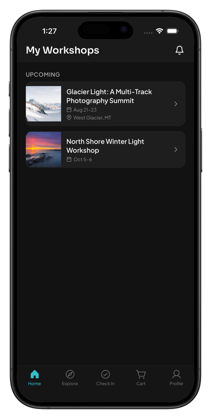 Home tab with upcoming workshops
