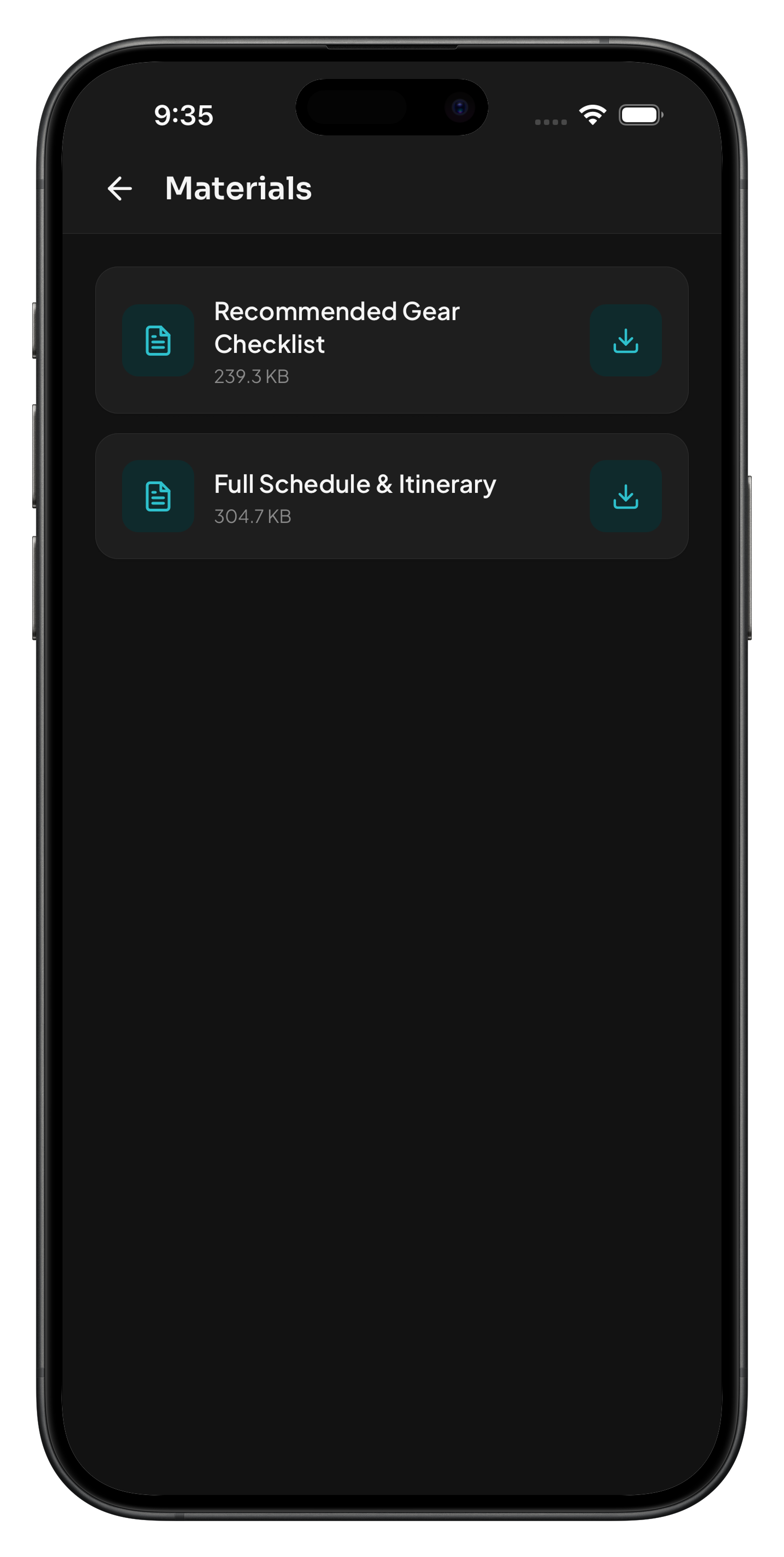 Workshop materials — gear checklist and itinerary, downloadable from the phone