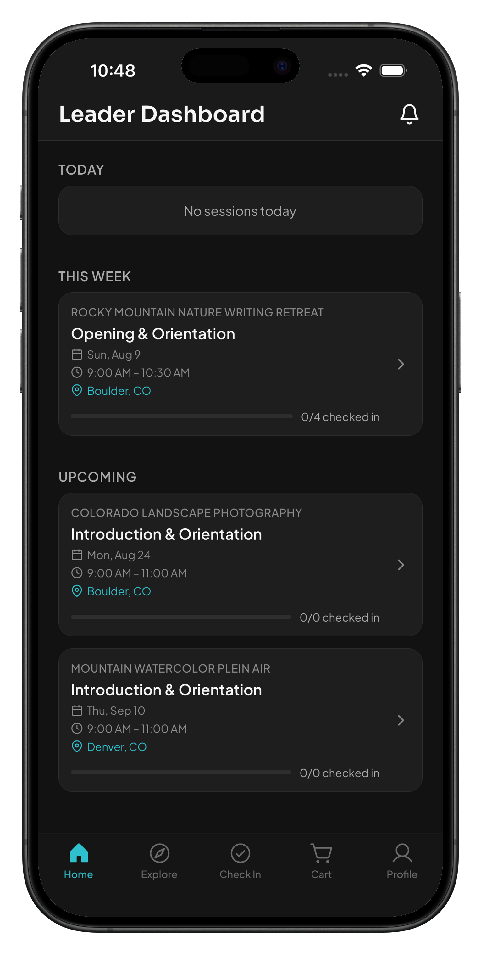 Leader Dashboard — sessions grouped Today, This Week, Upcoming