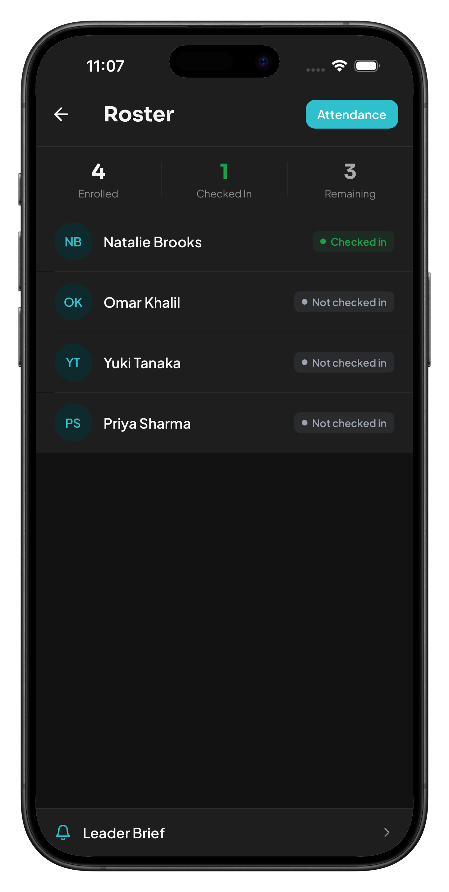 Leader Roster — enrolled and checked-in participants