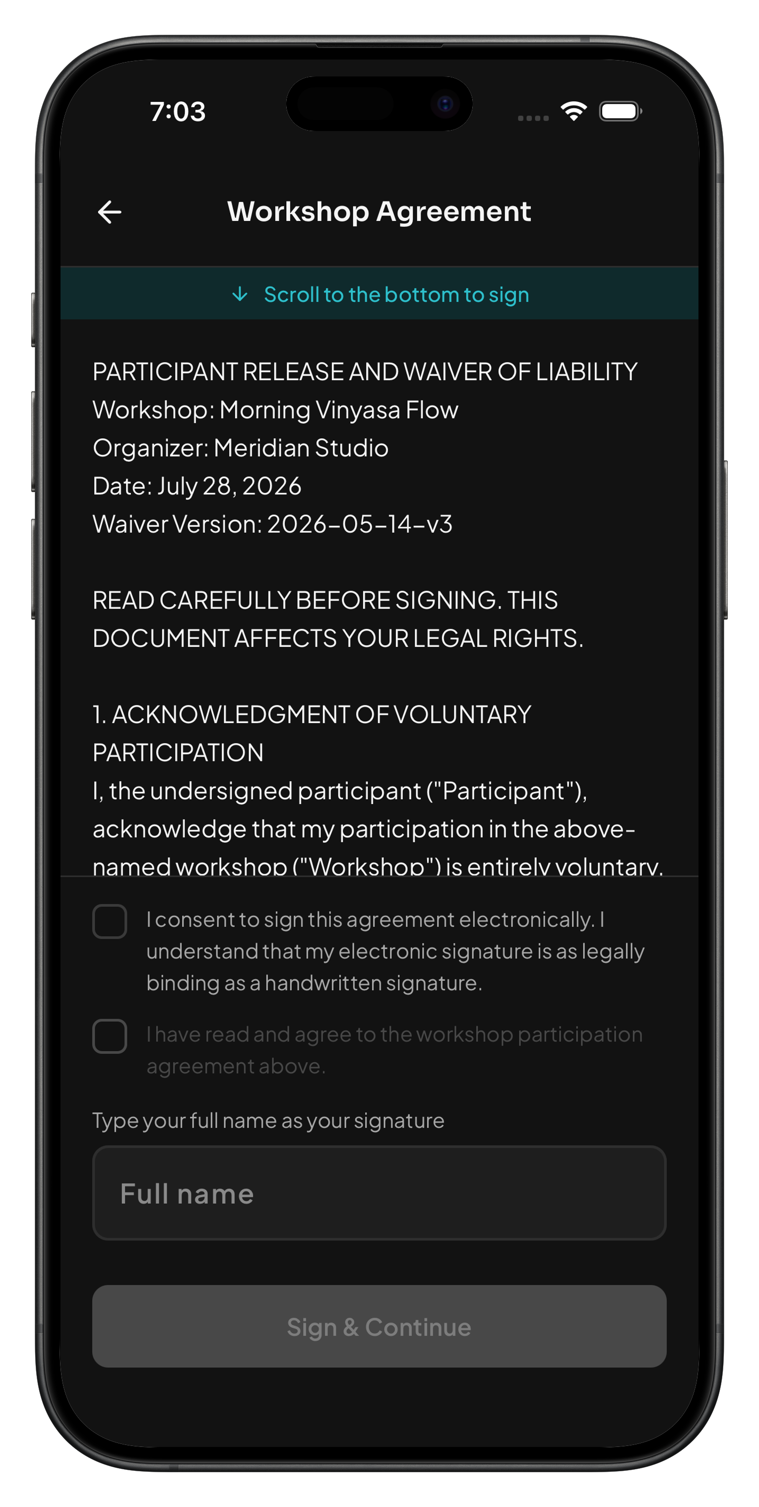 Workshop waiver — digital signature before check-in