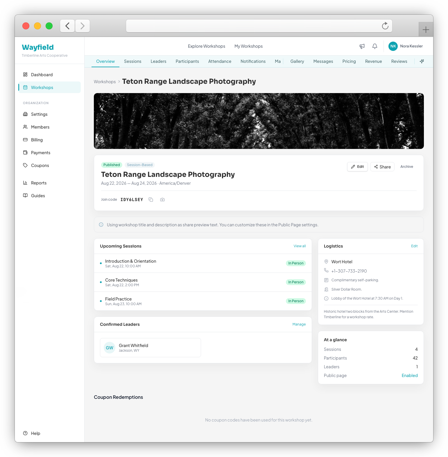 Workshop command center — sessions, logistics, join code