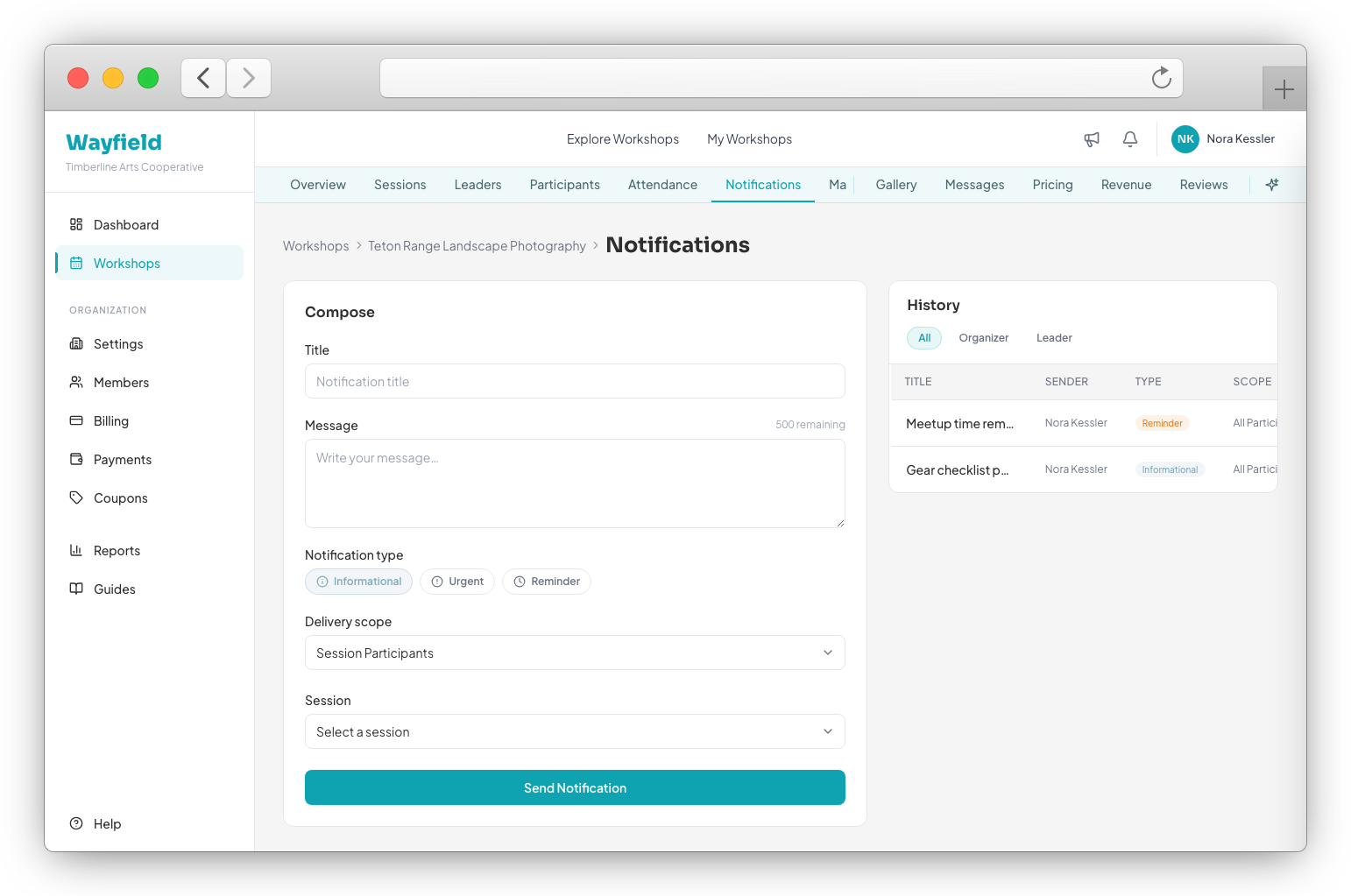 Organizer broadcast messaging