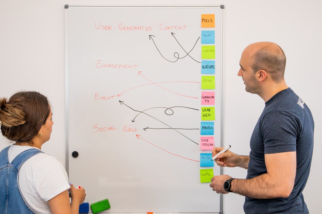 a man and a woman standing in front of a whiteboard